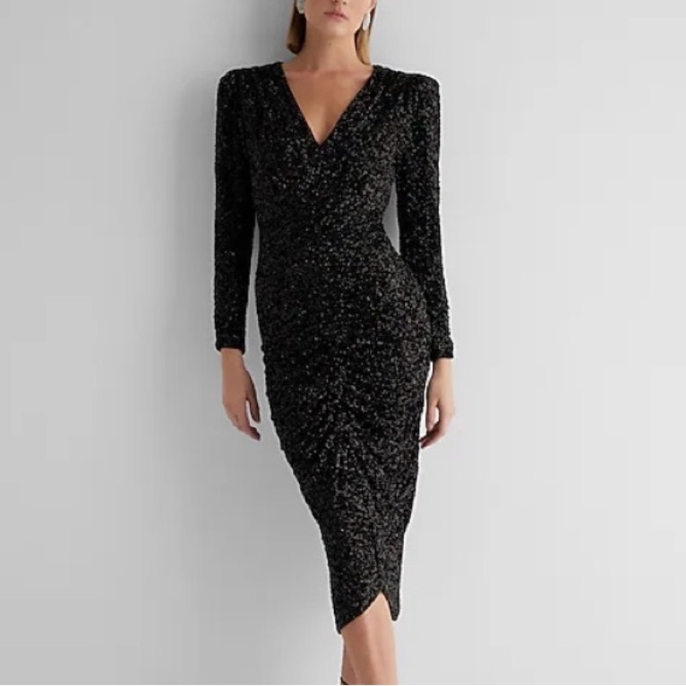Express Cocktail Party Black Sequin V-Neck Puff Sleeve Ruched MIDI Sheath Dress